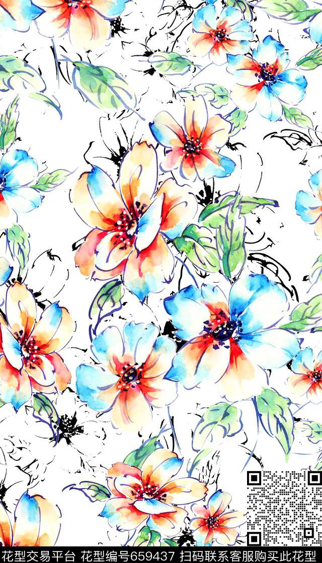 时尚清新水彩花卉数码印花华亿平台下载（图片编号: 659437） - 瓦栏（Walan）