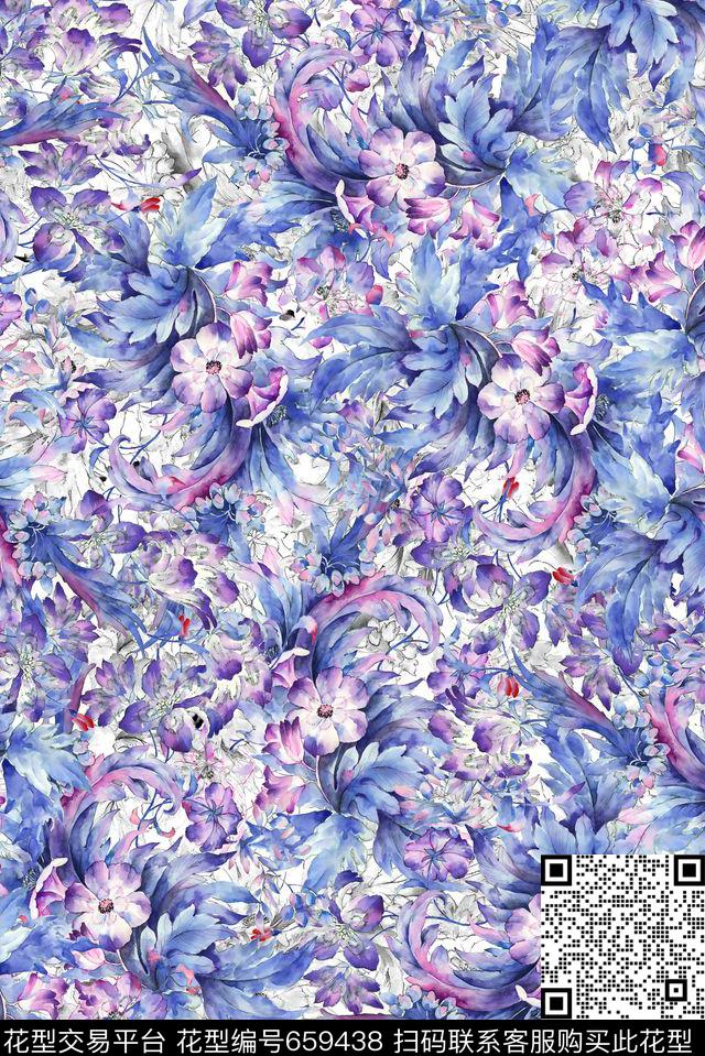 花卉水彩花卉满花数码印花华亿平台下载（图片编号: 659438） - 瓦栏（Walan）