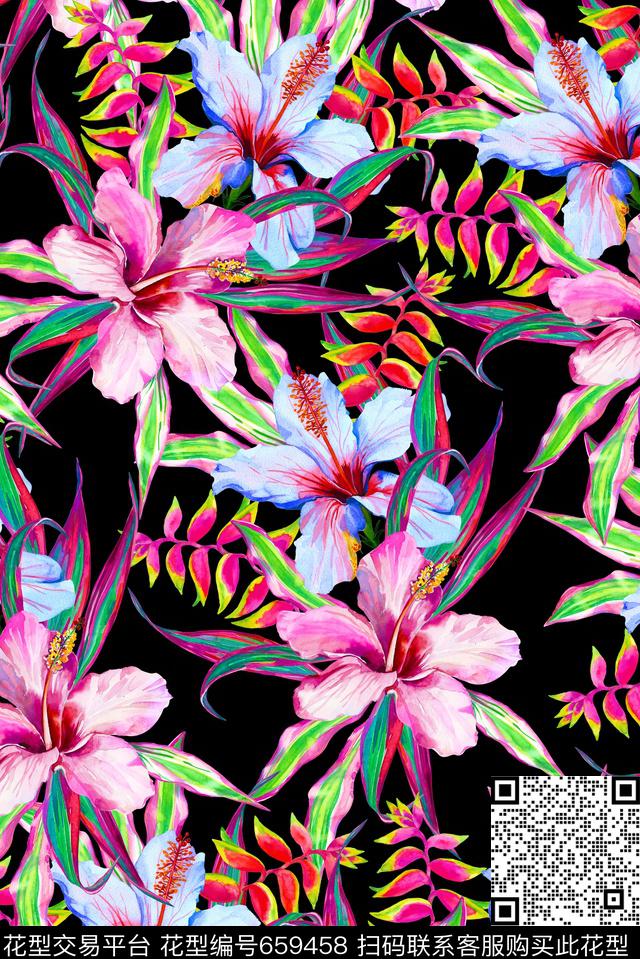 手绘热带植物数码印花华亿平台下载（图片编号: 659458） - 瓦栏（Walan）
