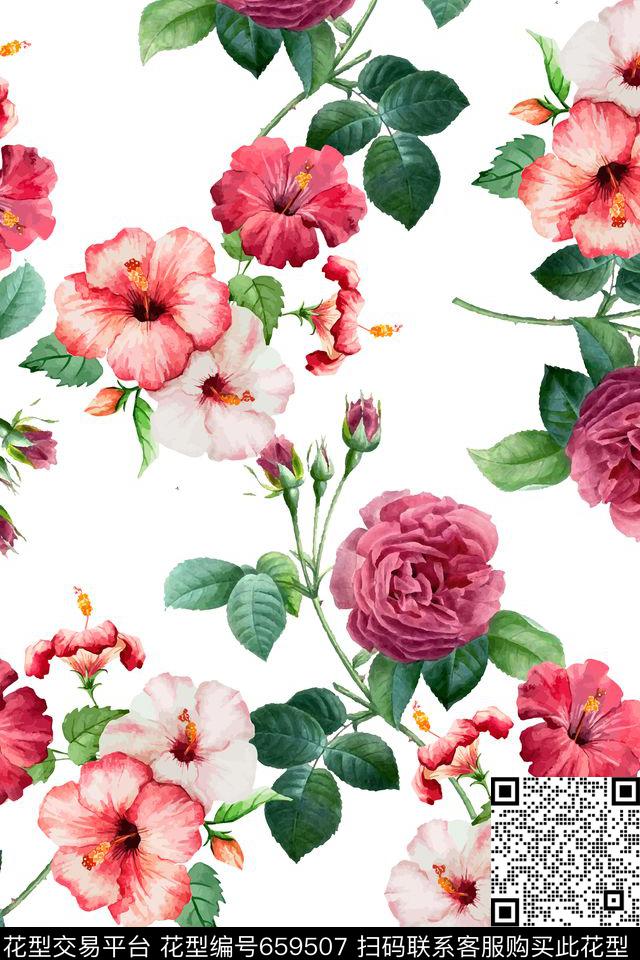大花花卉玫瑰扶桑花数码印花华亿平台下载（图片编号: 659507） - 瓦栏（Walan）