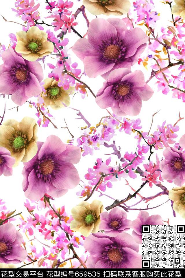 水墨花卉数码印花华亿平台下载（图片编号: 659535） - 瓦栏（Walan）