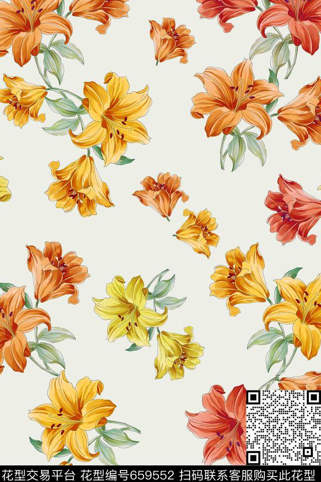 百合花朵花卉传统印花华亿平台下载（图片编号: 659552） - 瓦栏（Walan）