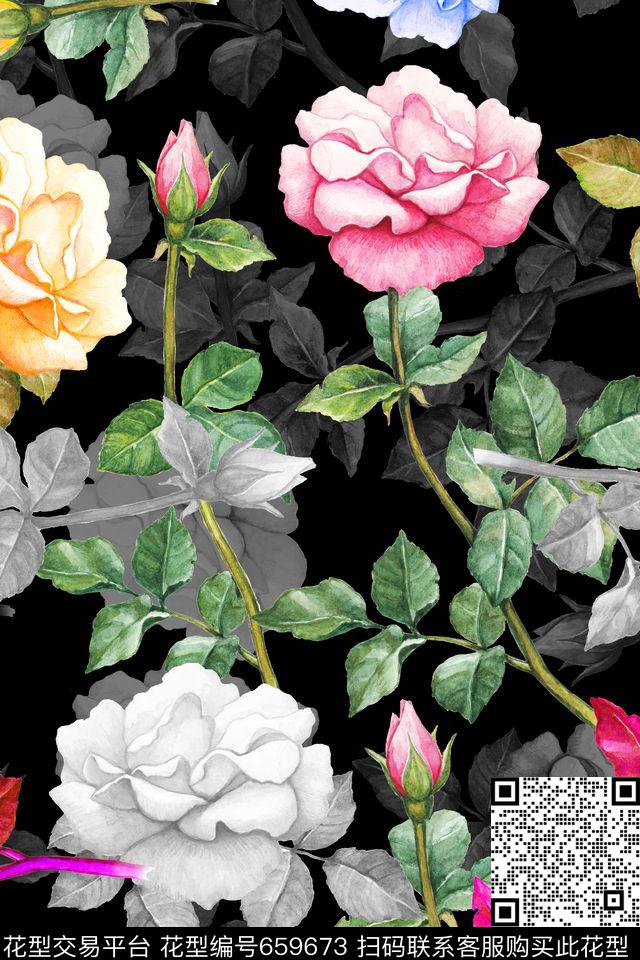 连衣裙花卉水彩花卉数码印花华亿平台下载（图片编号: 659673） - 瓦栏（Walan）