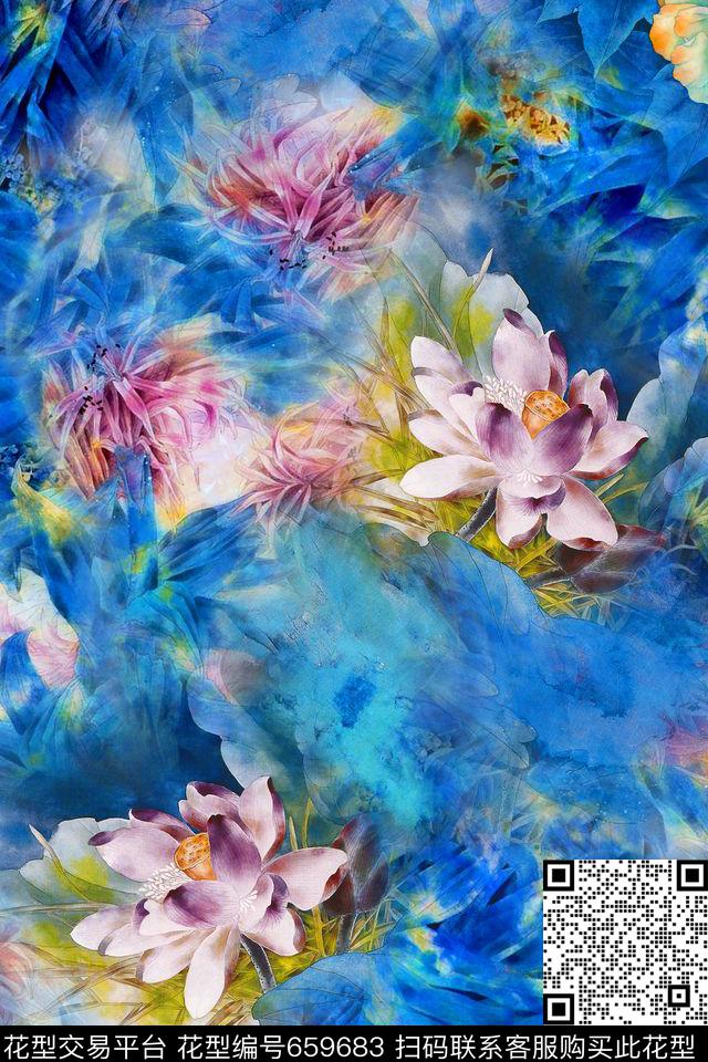 荷花国画工笔数码印花华亿平台下载（图片编号: 659683） - 瓦栏（Walan）