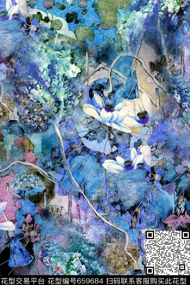 荷花国画工笔数码印花华亿平台下载（图片编号: 659684） - 瓦栏（Walan）