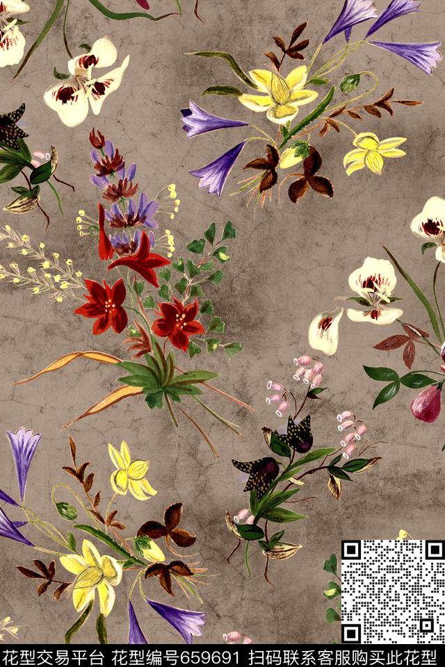 时尚手绘花卉数码印花华亿平台下载（图片编号: 659691） - 瓦栏（Walan）
