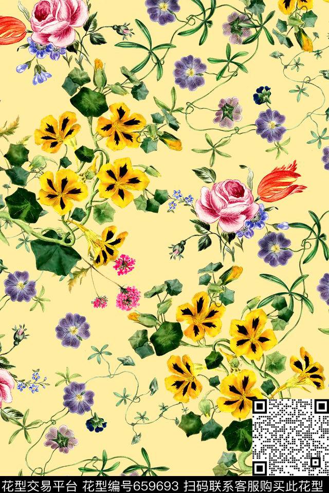 时尚手绘小碎花数码印花华亿平台下载（图片编号: 659693） - 瓦栏（Walan）