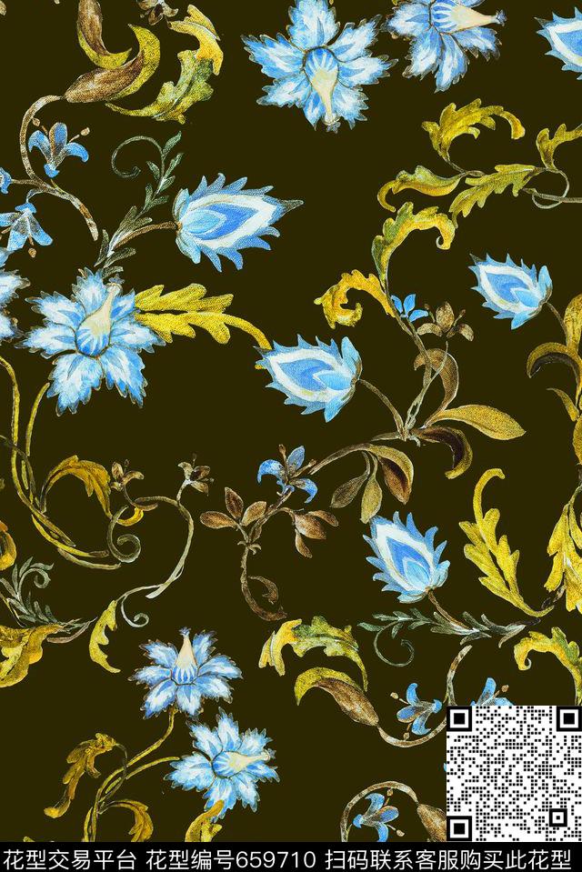 花朵波西米亚卷草纹数码印花华亿平台下载（图片编号: 659710） - 瓦栏（Walan）