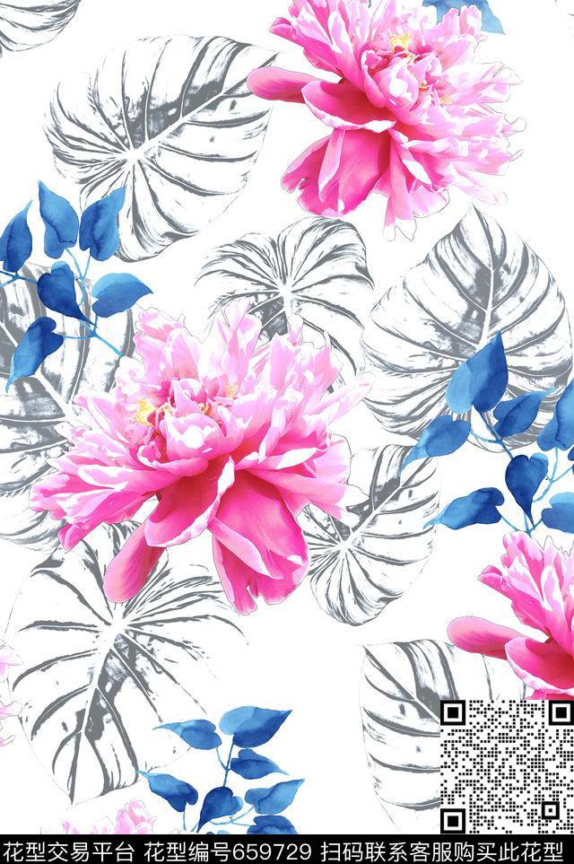玉兰花牡丹玫瑰数码印花华亿平台下载（图片编号: 659729） - 瓦栏（Walan）
