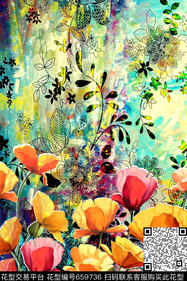 花卉郁金香抽象数码印花华亿平台下载（图片编号: 659736） - 瓦栏（Walan）