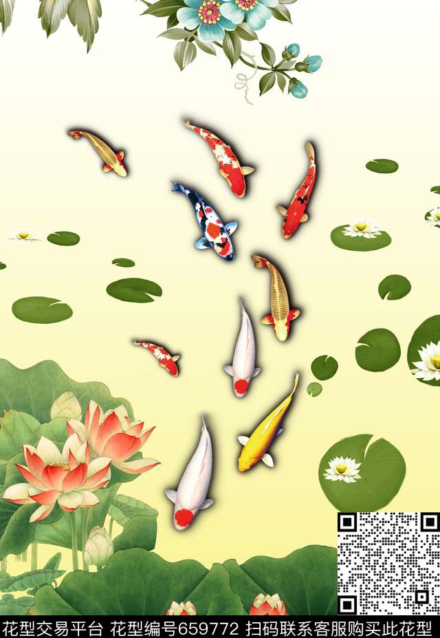 锦鲤国画山水画数码印花华亿平台下载（图片编号: 659772） - 瓦栏（Walan）