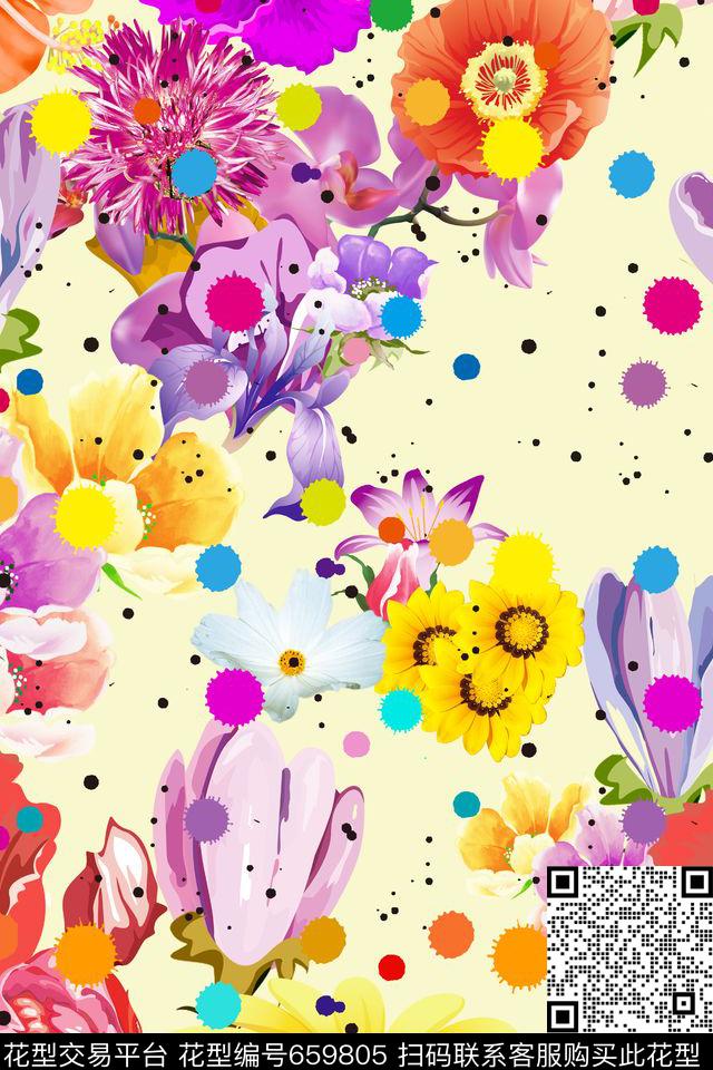 花卉花朵组合花朵彩色波点数码印花华亿平台下载（图片编号: 659805） - 瓦栏（Walan）