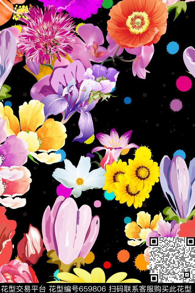 花卉花朵组合花朵彩色波点数码印花华亿平台下载（图片编号: 659806） - 瓦栏（Walan）