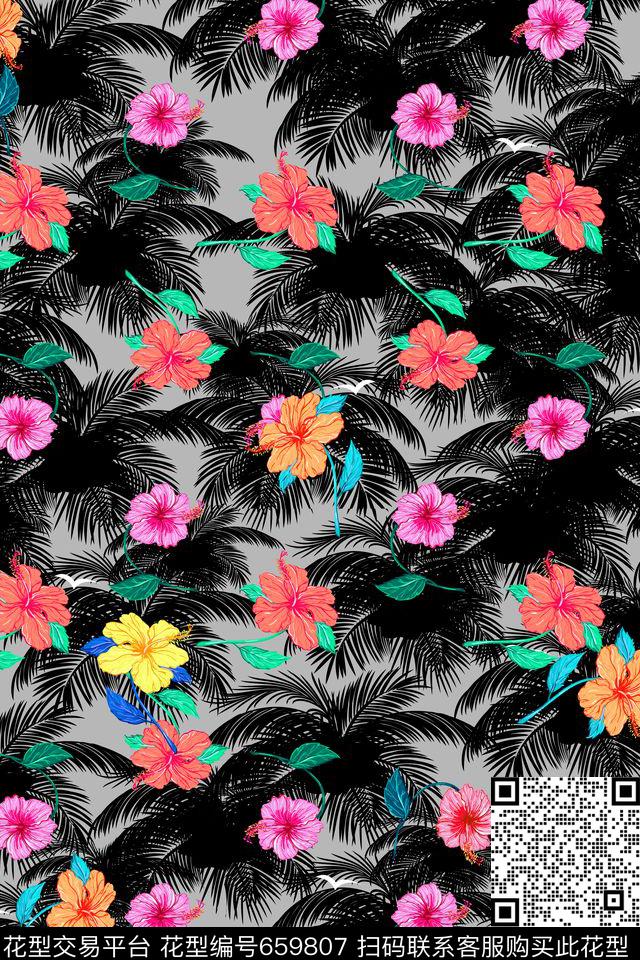 花朵矢量椰树叶子传统印花华亿平台下载（图片编号: 659807） - 瓦栏（Walan）