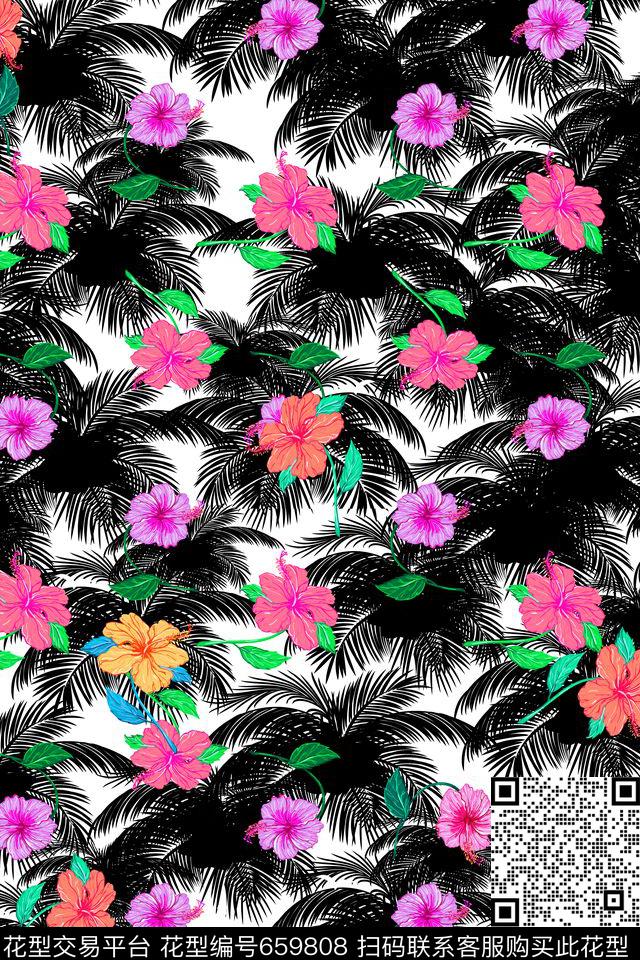 花朵矢量椰树叶子传统印花华亿平台下载（图片编号: 659808） - 瓦栏（Walan）