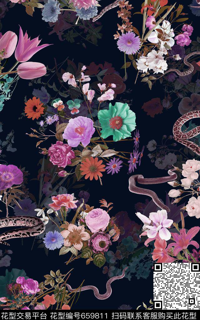 复古大花花朵花卉数码印花华亿平台下载（图片编号: 659811） - 瓦栏（Walan）