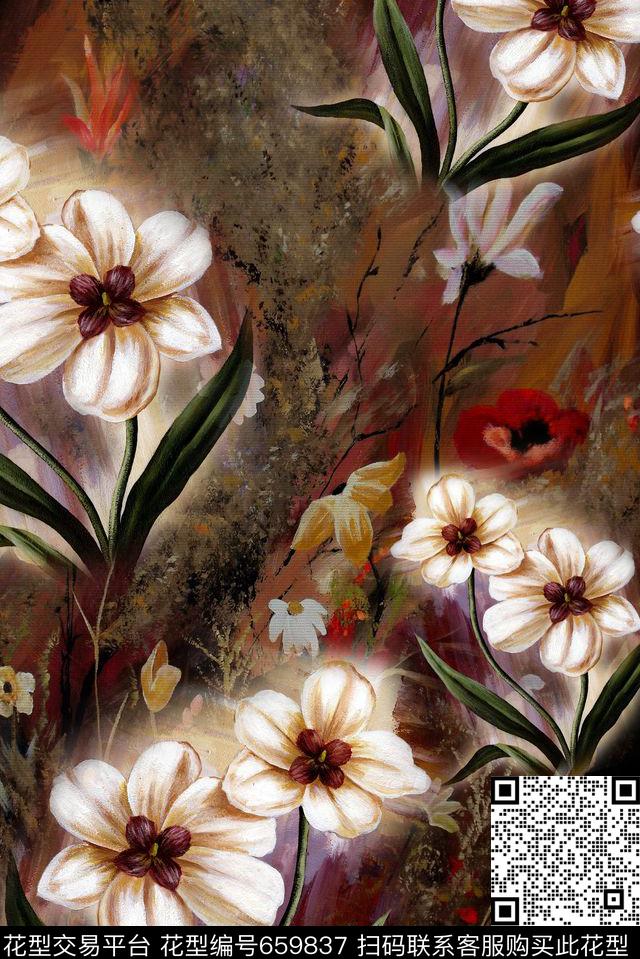 面料花油画肌理花卉面料循环回味数码印花华亿平台下载（图片编号: 659837） - 瓦栏（Walan）