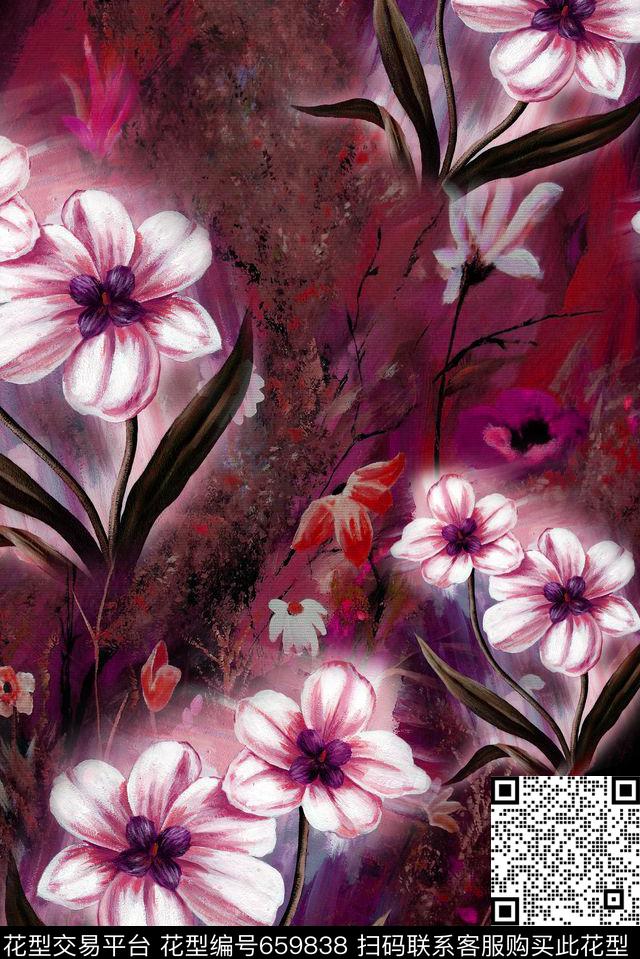 面料花油画肌理花卉面料循环回味数码印花华亿平台下载（图片编号: 659838） - 瓦栏（Walan）