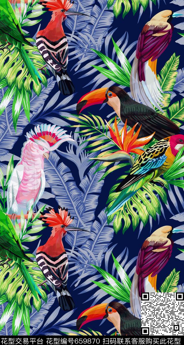 天堂鸟花棕榈叶热带传统印花华亿平台下载（图片编号: 659870） - 瓦栏（Walan）