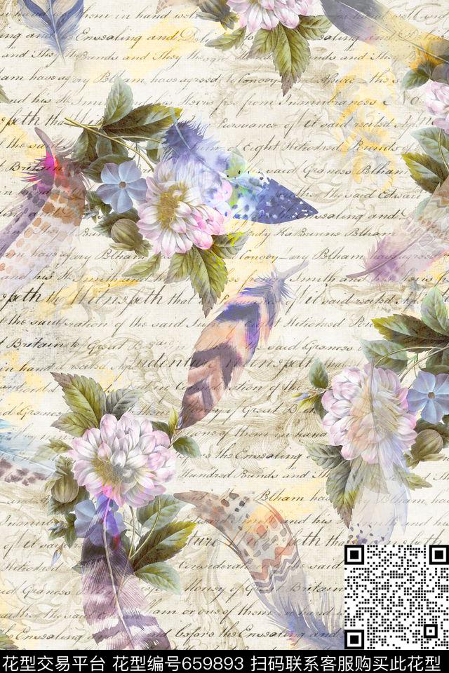 复古大花花朵手写英文数码印花华亿平台下载（图片编号: 659893） - 瓦栏（Walan）
