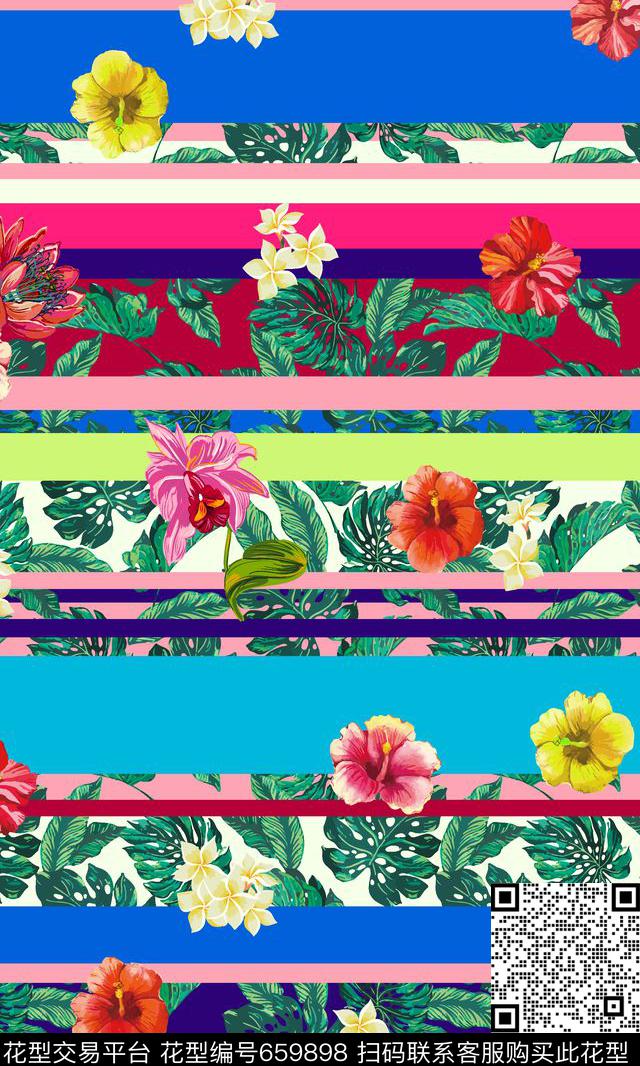 花朵手绘热带风横条传统印花华亿平台下载（图片编号: 659898） - 瓦栏（Walan）