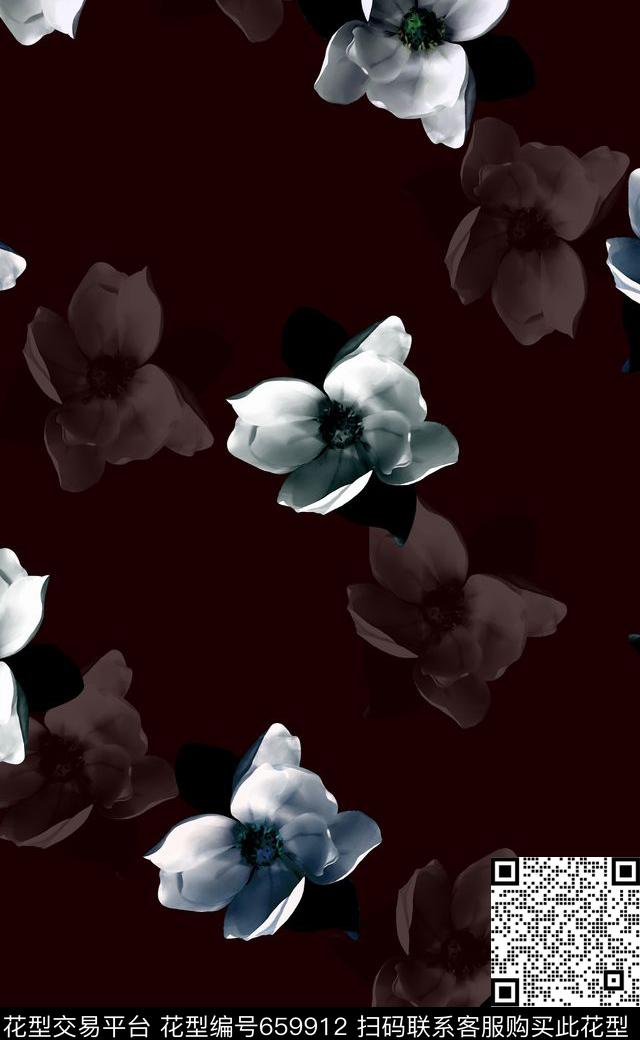 秋冬款手绘花卉复古花卉数码印花华亿平台下载（图片编号: 659912） - 瓦栏（Walan）