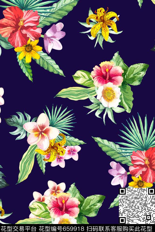 花卉花朵组合花朵热带传统印花华亿平台下载（图片编号: 659918） - 瓦栏（Walan）