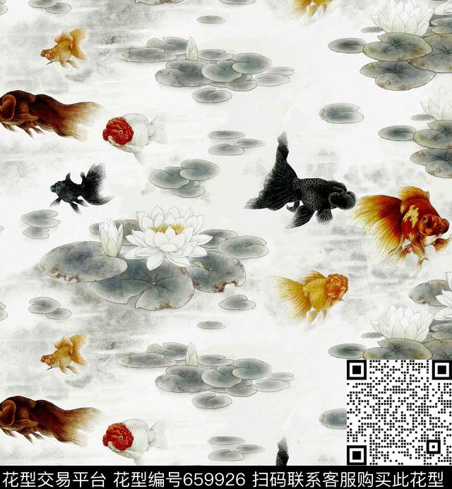 东方韵域中国风水墨荷花国画金鱼数码印花华亿平台下载（图片编号: 659926） - 瓦栏（Walan）