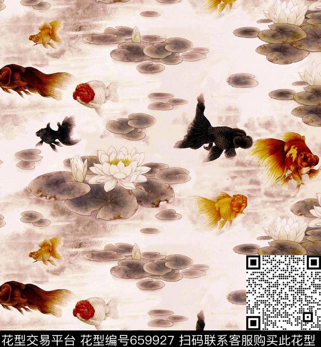 东方韵域中国风水墨荷花国画金鱼数码印花华亿平台下载（图片编号: 659927） - 瓦栏（Walan）