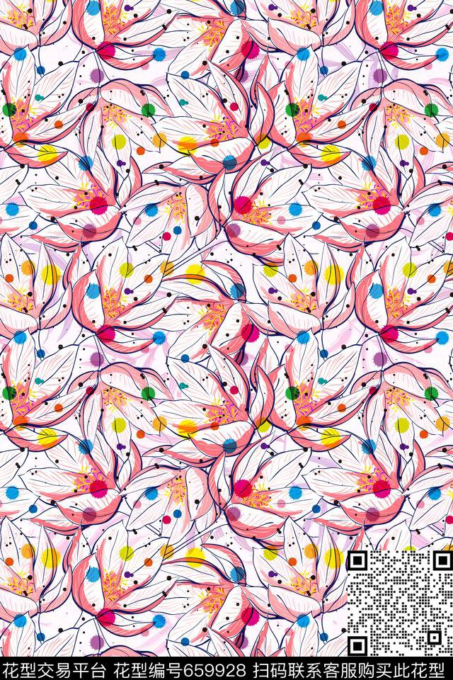 花朵花卉彩色波点传统印花华亿平台下载（图片编号: 659928） - 瓦栏（Walan）