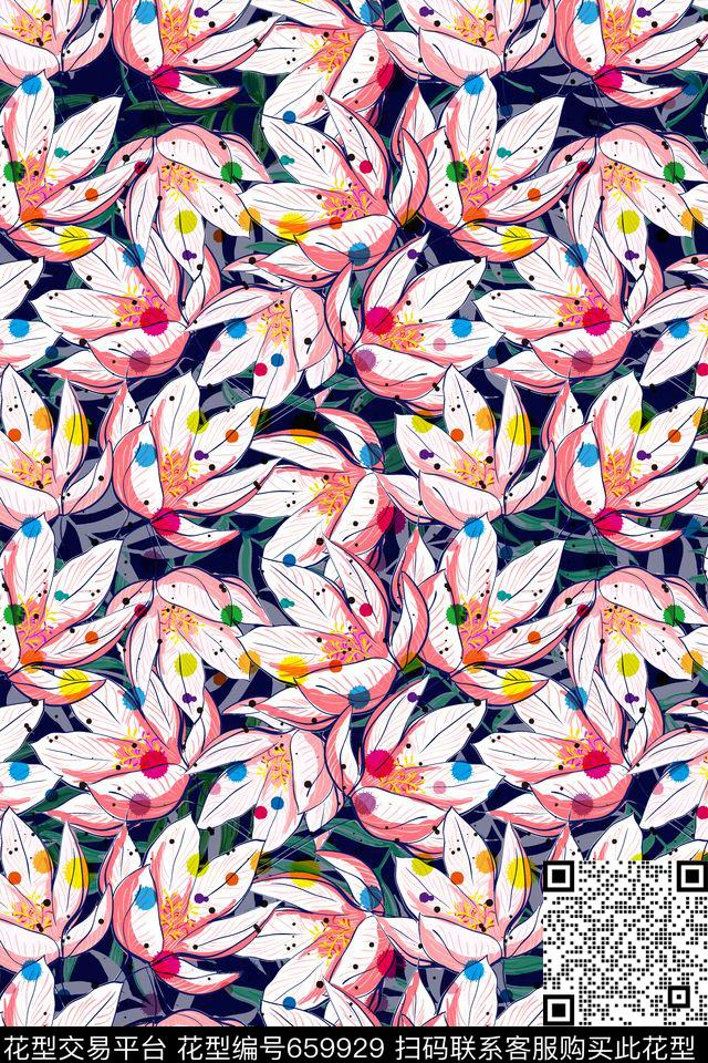 花朵花卉彩色波点传统印花华亿平台下载（图片编号: 659929） - 瓦栏（Walan）