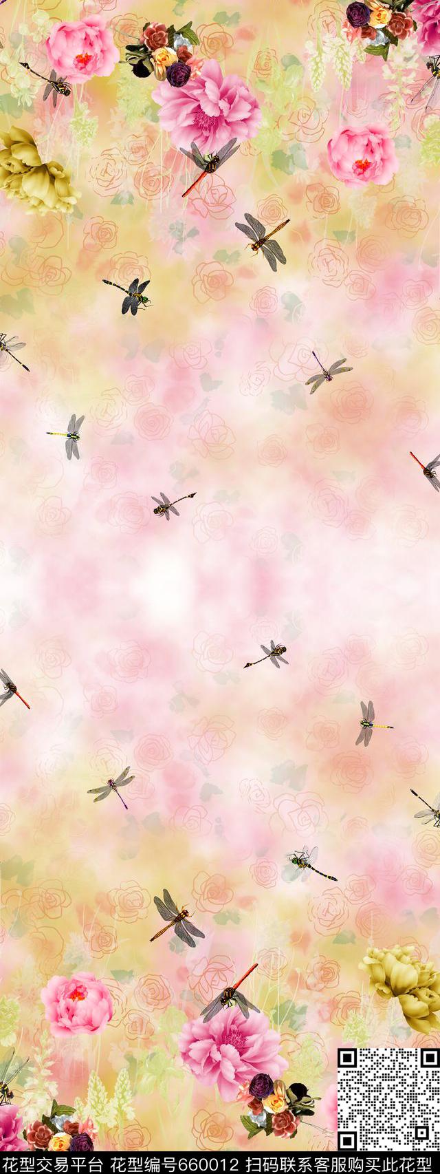 双边定位花卉蜻蜓数码印花华亿平台下载（图片编号: 660012） - 瓦栏（Walan）