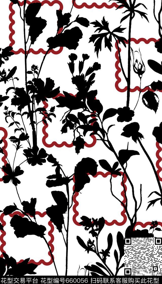 时尚黑白花卉枝条几何传统印花华亿平台下载（图片编号: 660056） - 瓦栏（Walan）