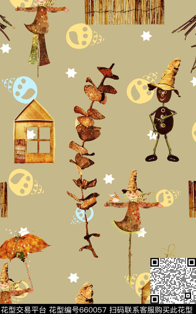 小清新木房子稻草人数码印花华亿平台下载（图片编号: 660057） - 瓦栏（Walan）