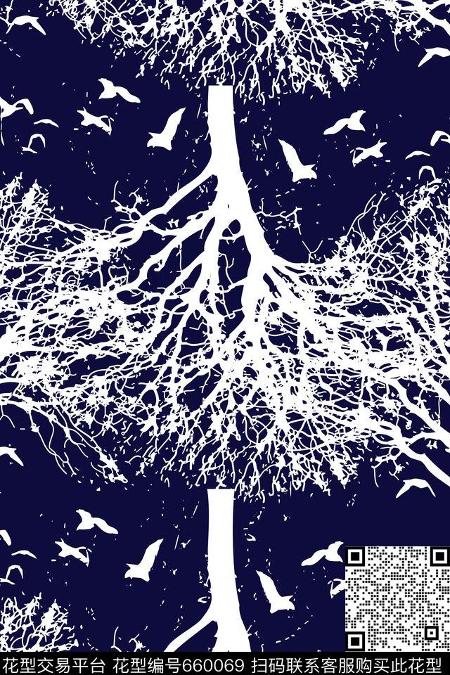 雪花树影鸟儿传统印花华亿平台下载（图片编号: 660069） - 瓦栏（Walan）