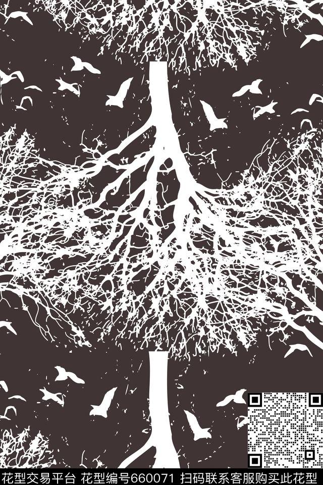 树影鸟儿复古传统印花华亿平台下载（图片编号: 660071） - 瓦栏（Walan）