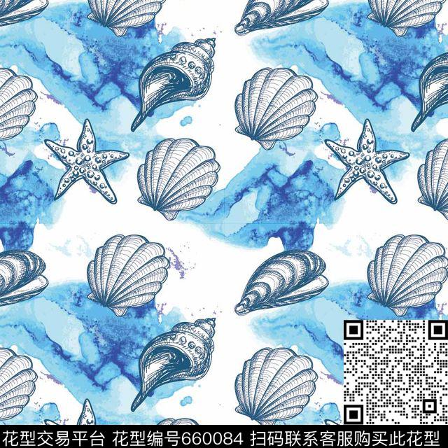 贝壳海螺蓝色传统印花华亿平台下载（图片编号: 660084） - 瓦栏（Walan）