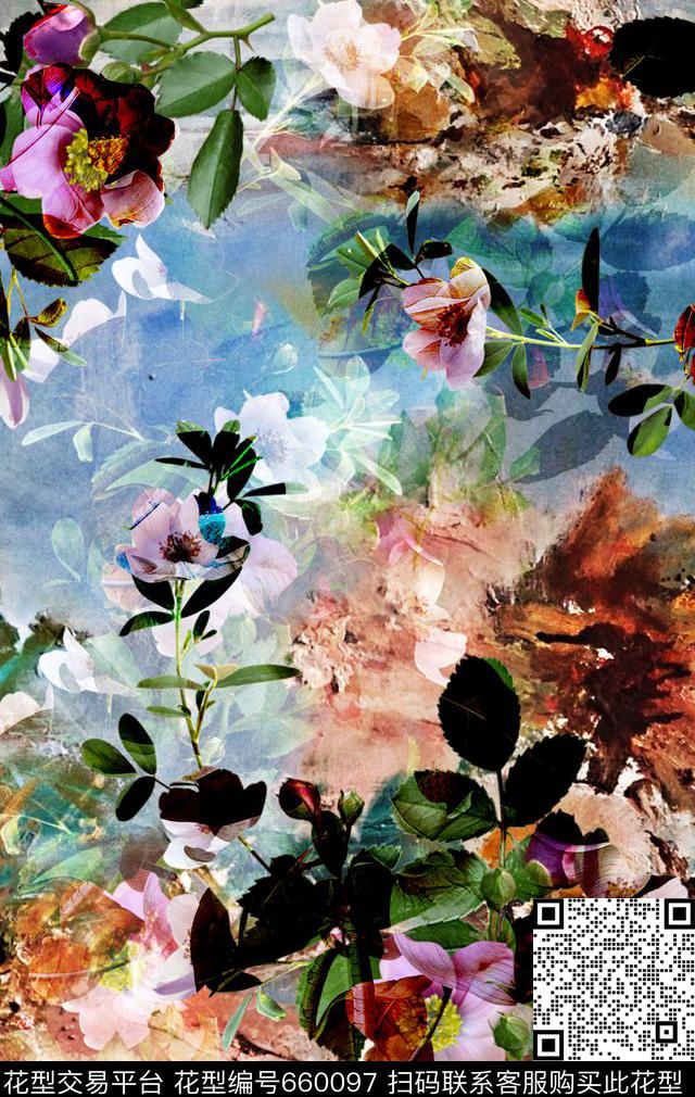 时尚花朵油画花卉数码印花华亿平台下载（图片编号: 660097） - 瓦栏（Walan）