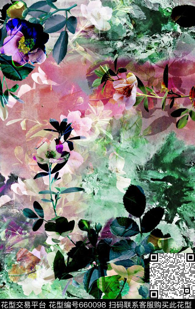 时尚花朵油画花卉数码印花华亿平台下载（图片编号: 660098） - 瓦栏（Walan）