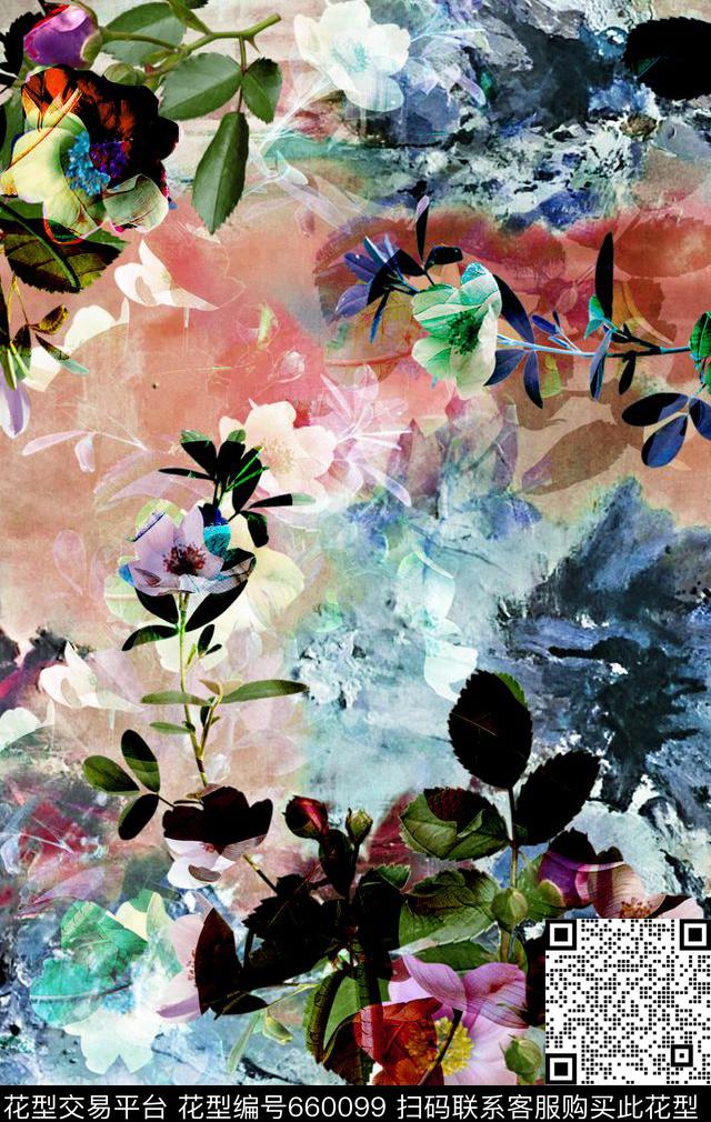 时尚花朵油画花卉数码印花华亿平台下载（图片编号: 660099） - 瓦栏（Walan）