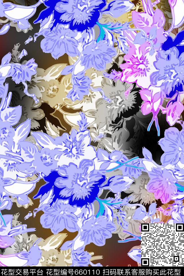 炫彩花朵组合花朵抽象数码印花华亿平台下载（图片编号: 660110） - 瓦栏（Walan）