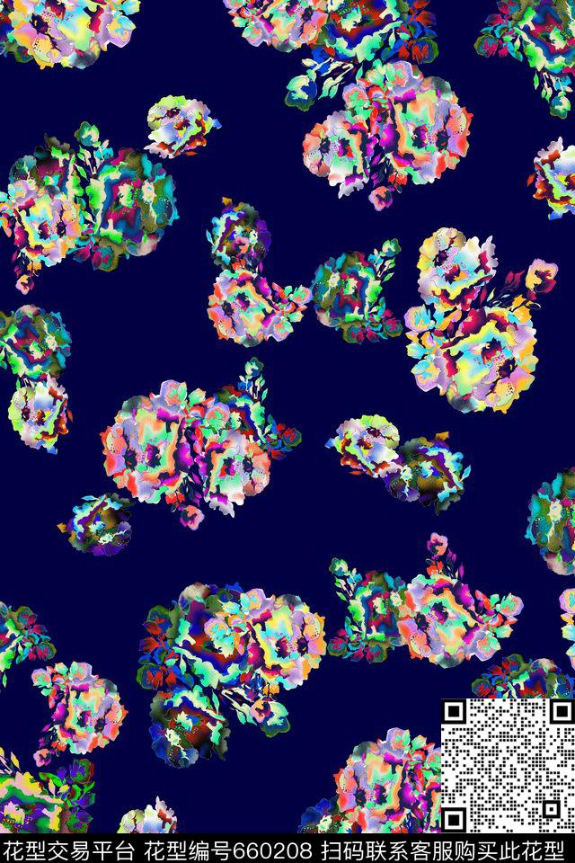 花卉抽象花深色底数码印花华亿平台下载（图片编号: 660208） - 瓦栏（Walan）