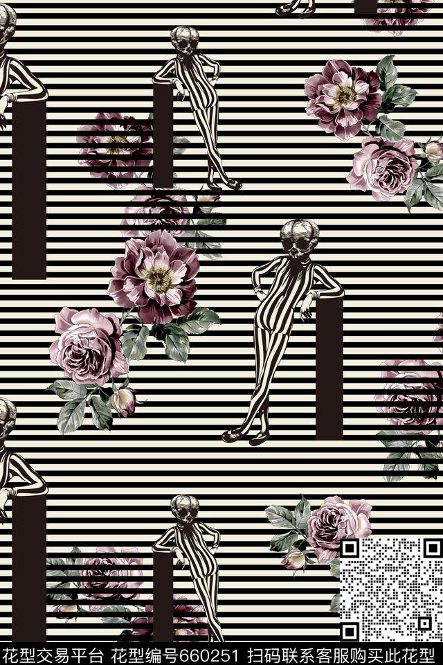 花卉抽象线条黑白数码印花华亿平台下载（图片编号: 660251） - 瓦栏（Walan）