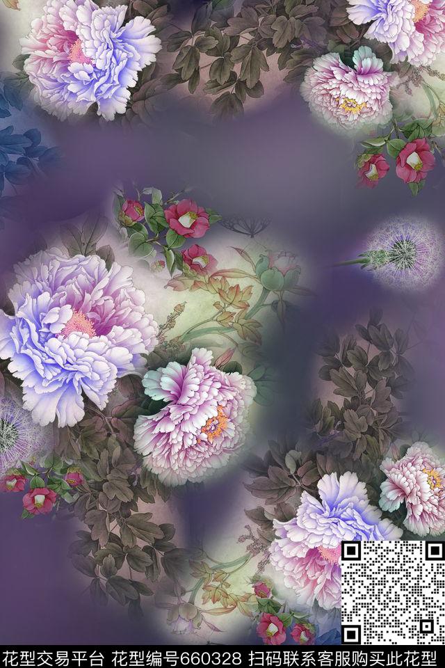 中国风牡丹花数码印花华亿平台下载（图片编号: 660328） - 瓦栏（Walan）