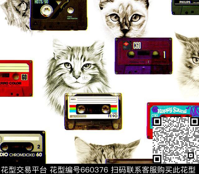 大牌猫咪猫录音带数码印花华亿平台下载（图片编号: 660376） - 瓦栏（Walan）