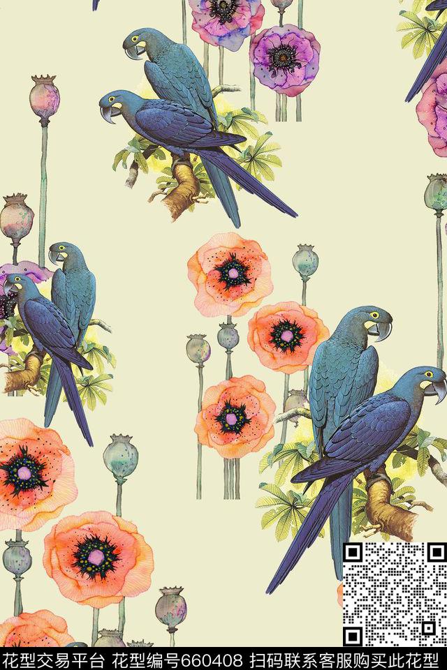 花卉鹦鹉花鸟数码印花华亿平台下载（图片编号: 660408） - 瓦栏（Walan）