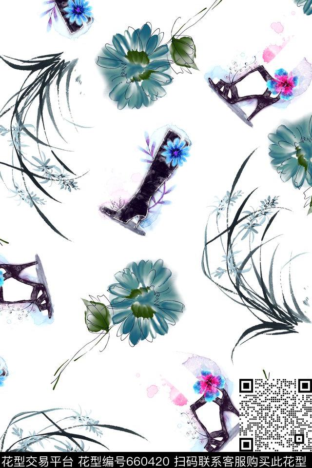 水墨画兰花兰草数码印花华亿平台下载（图片编号: 660420） - 瓦栏（Walan）