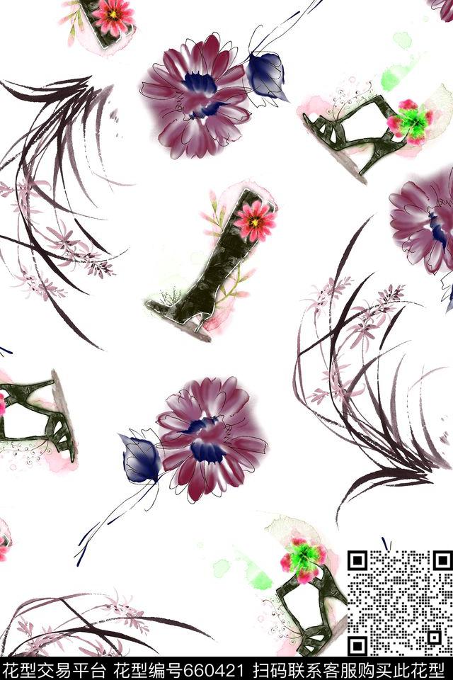 水墨画兰花兰草数码印花华亿平台下载（图片编号: 660421） - 瓦栏（Walan）