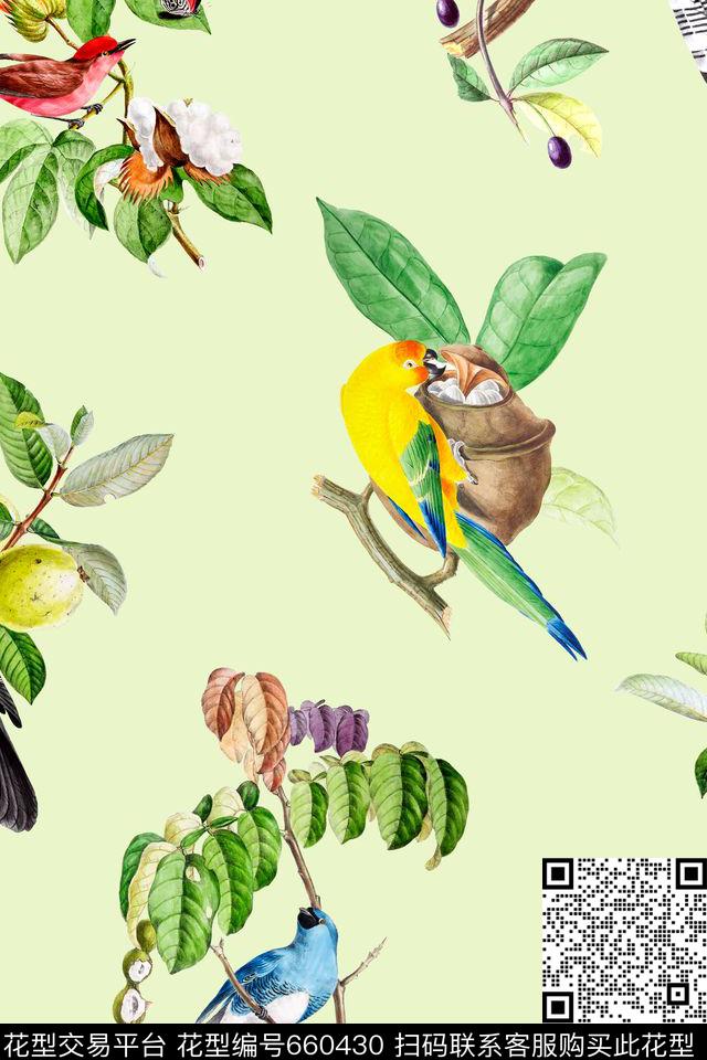 时尚手绘鸟数码印花华亿平台下载（图片编号: 660430） - 瓦栏（Walan）