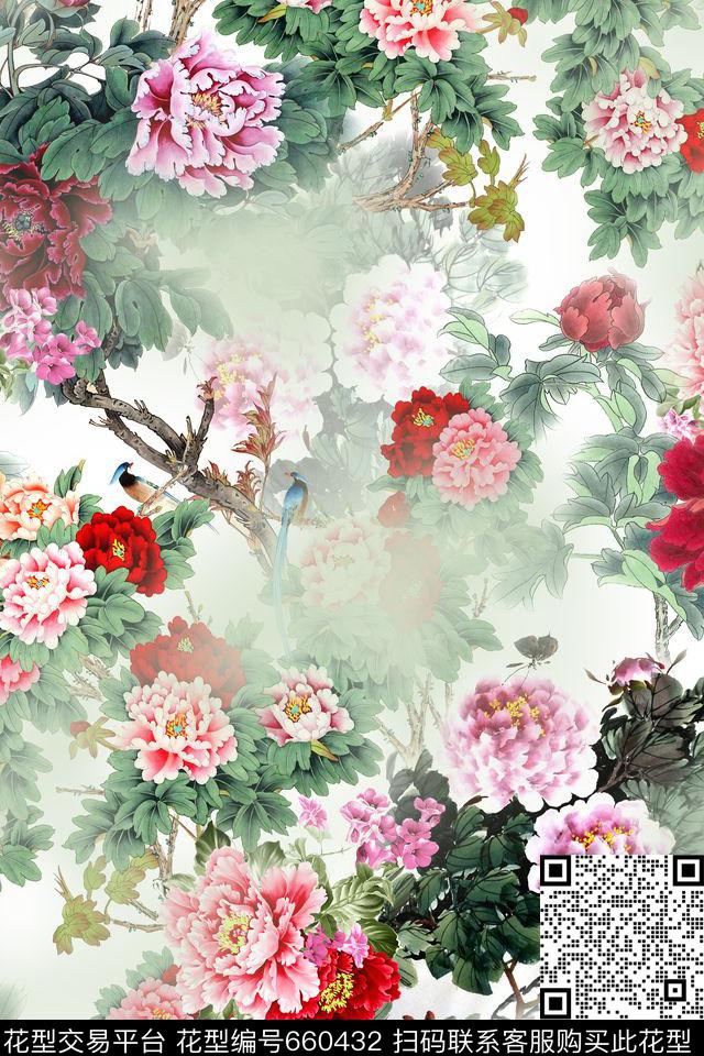 中国风牡丹花卉数码印花华亿平台下载（图片编号: 660432） - 瓦栏（Walan）